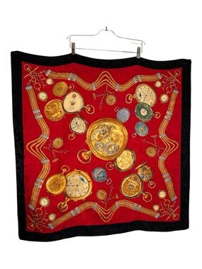 Gorgeous Large Red 100% Silk Baroque Rope Print Pocket Watch Square Scarf